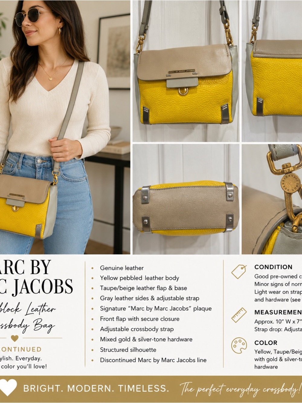 Marc by Marc Jacobs Yellow Beige Gray Colorblock Leather Crossbody Bag